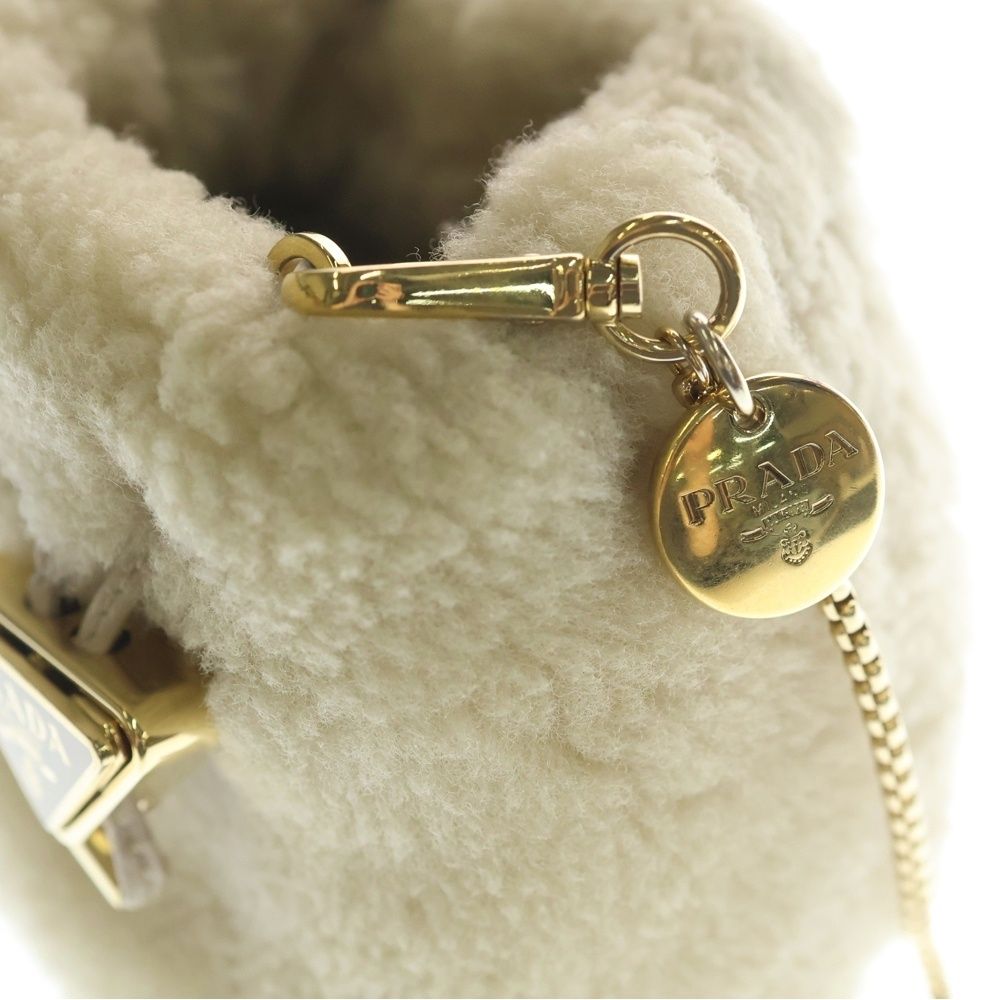 Prada Triangle Logo Fur Chain Shoulder Mini Bag Ivory