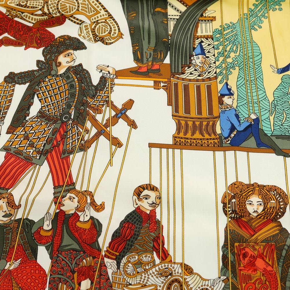 Hermes Carre 90 Marionette Time Silk Yellow Scarf