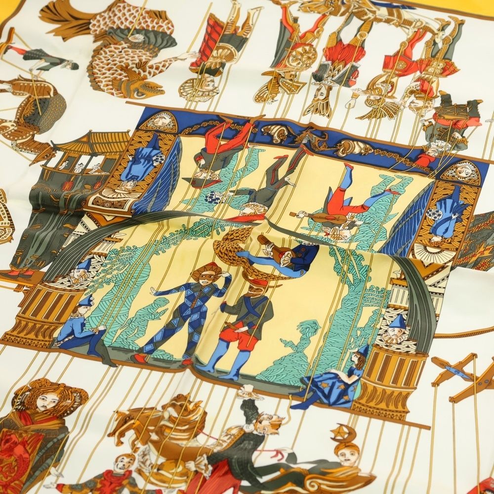 Hermes Carre 90 Marionette Time Silk Yellow Scarf