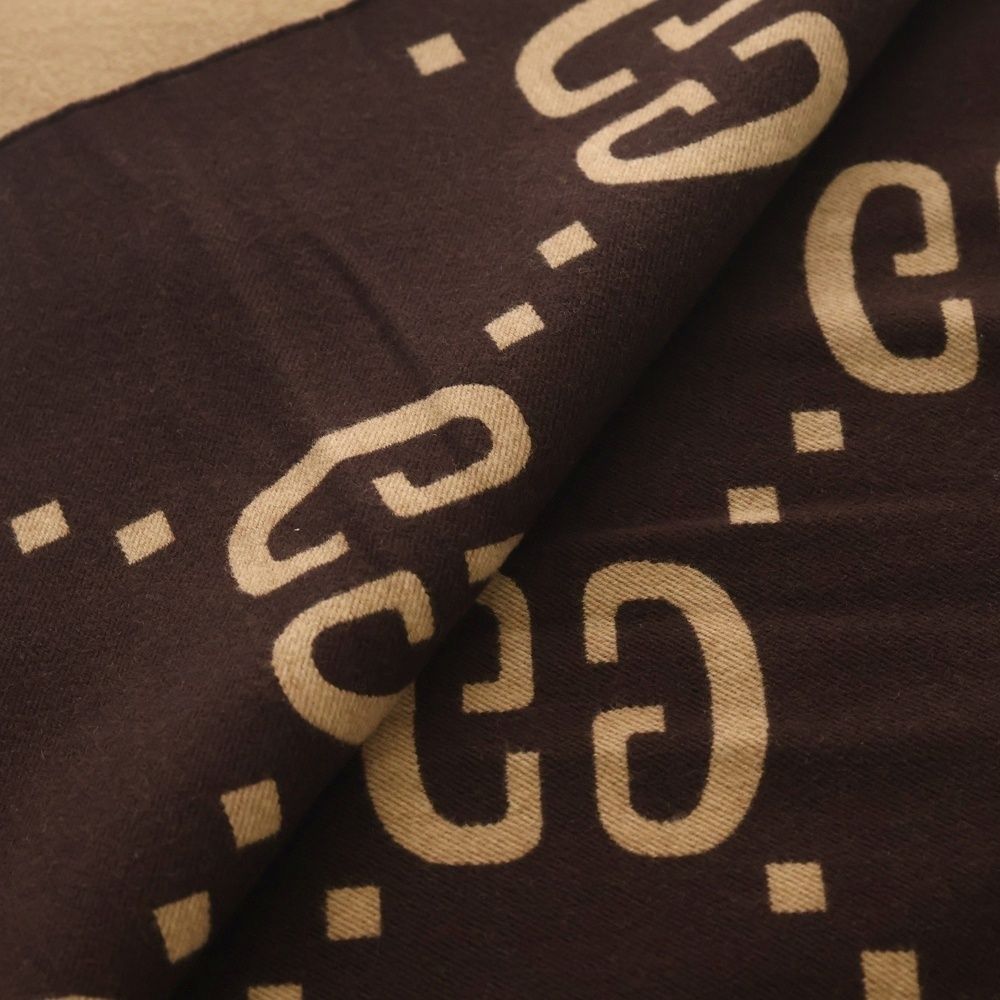 Gucci GG Jacket Wool Silk Fringe Scarf Brown