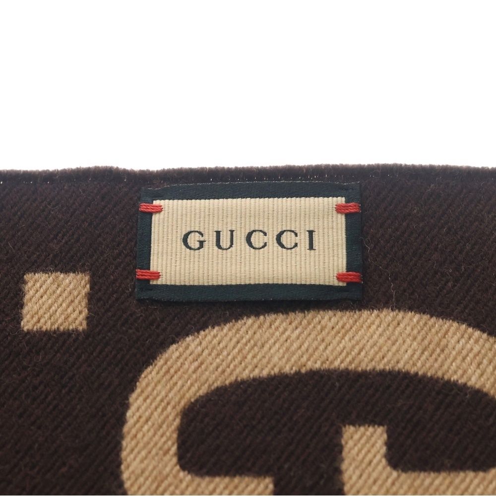 Gucci GG Jacket Wool Silk Fringe Scarf Brown