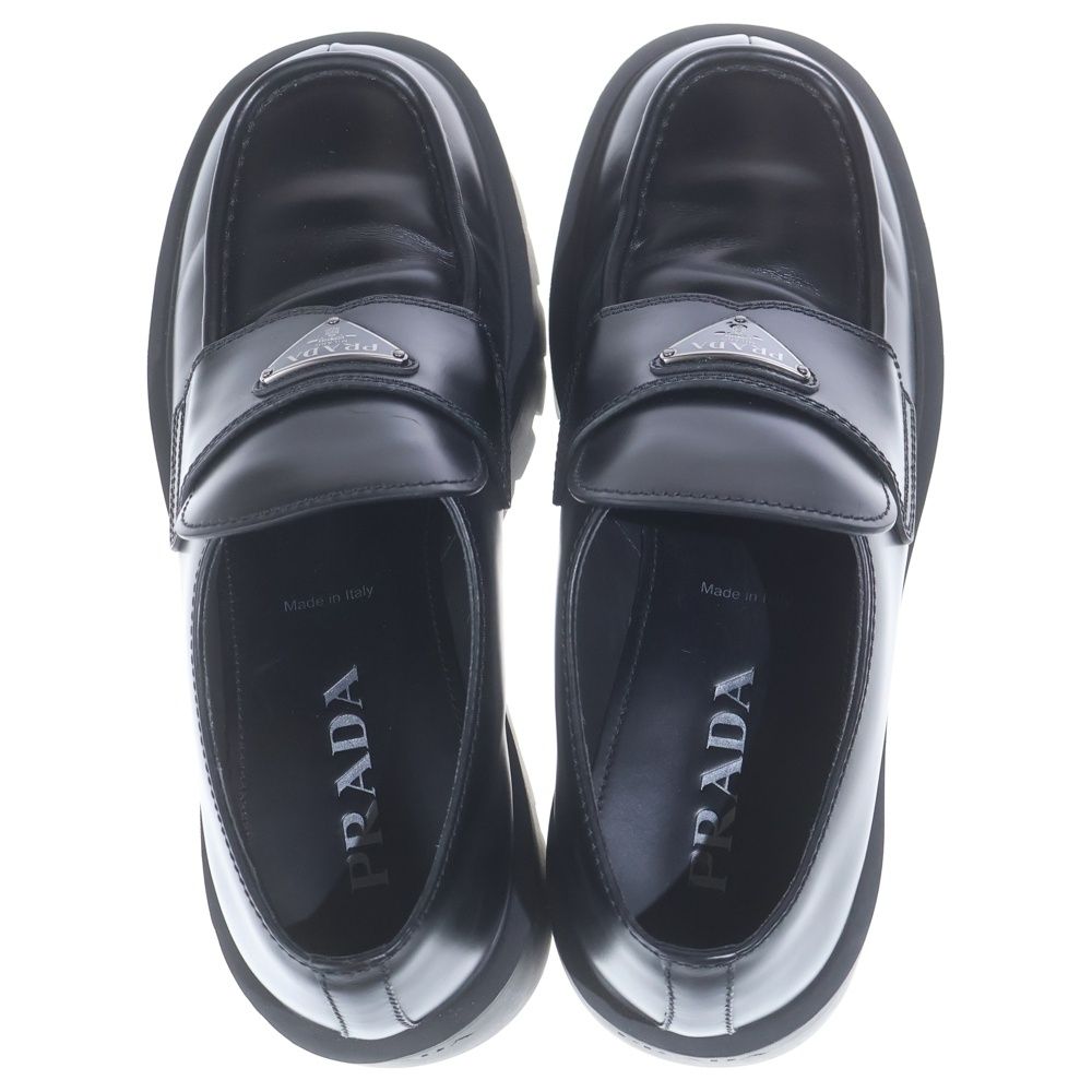 Prada Triangle Plate Logo Brushed Leather Loafers Black