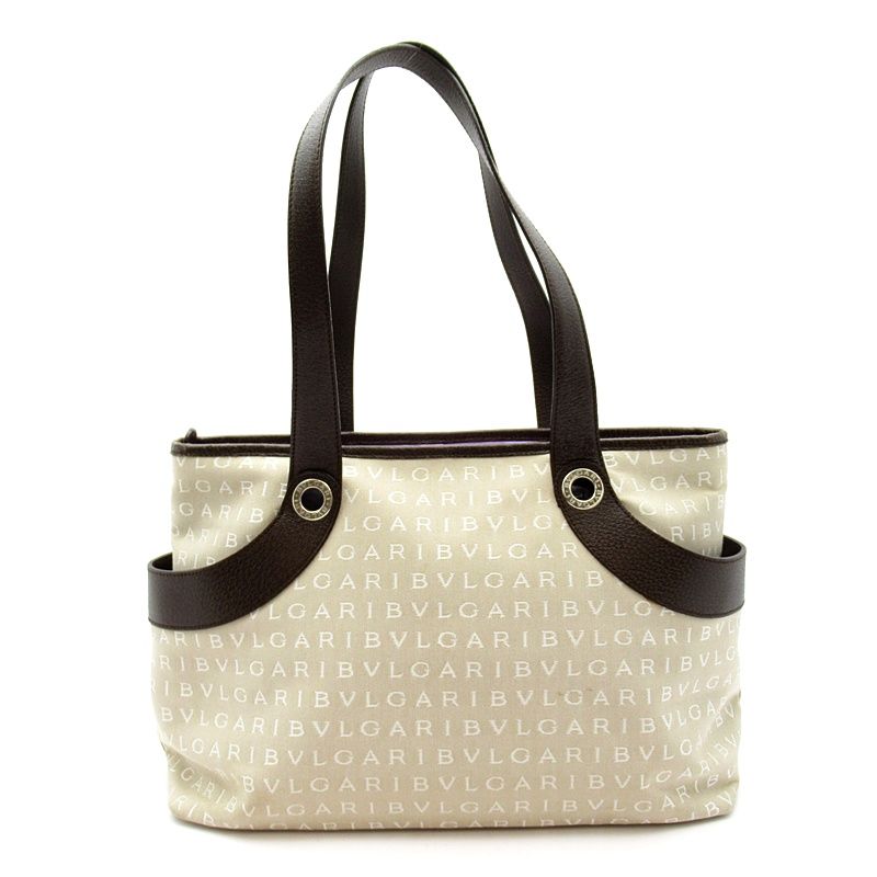 Bvlgari Logo Mania Tote Canvas Leather Beige
