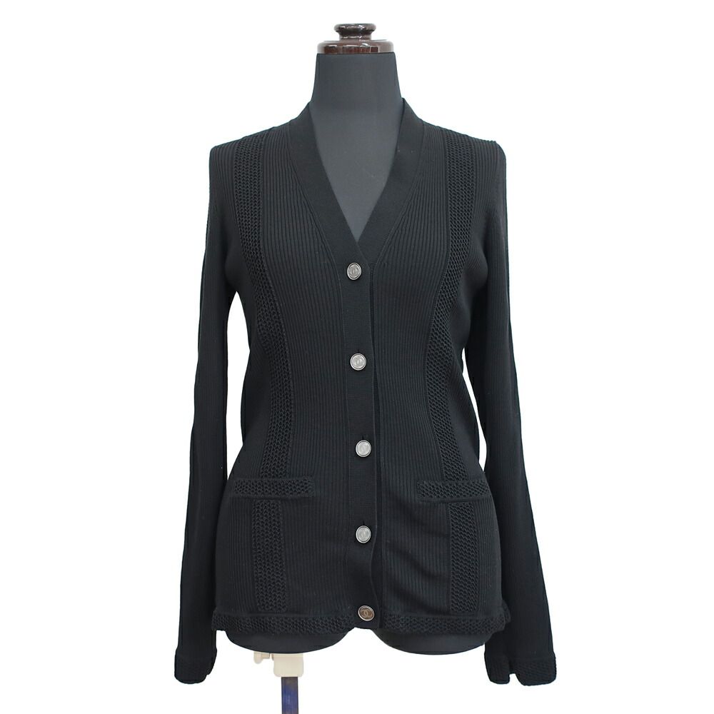 Chanel Ten 38 Black CC Logo Button Cotton Long Sleeve Cardigan