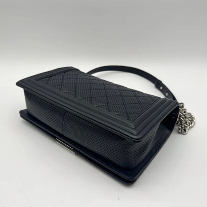 Chanel Shoulder Bag CC Logo Silver Leather Navy with Shield Chain — view 9