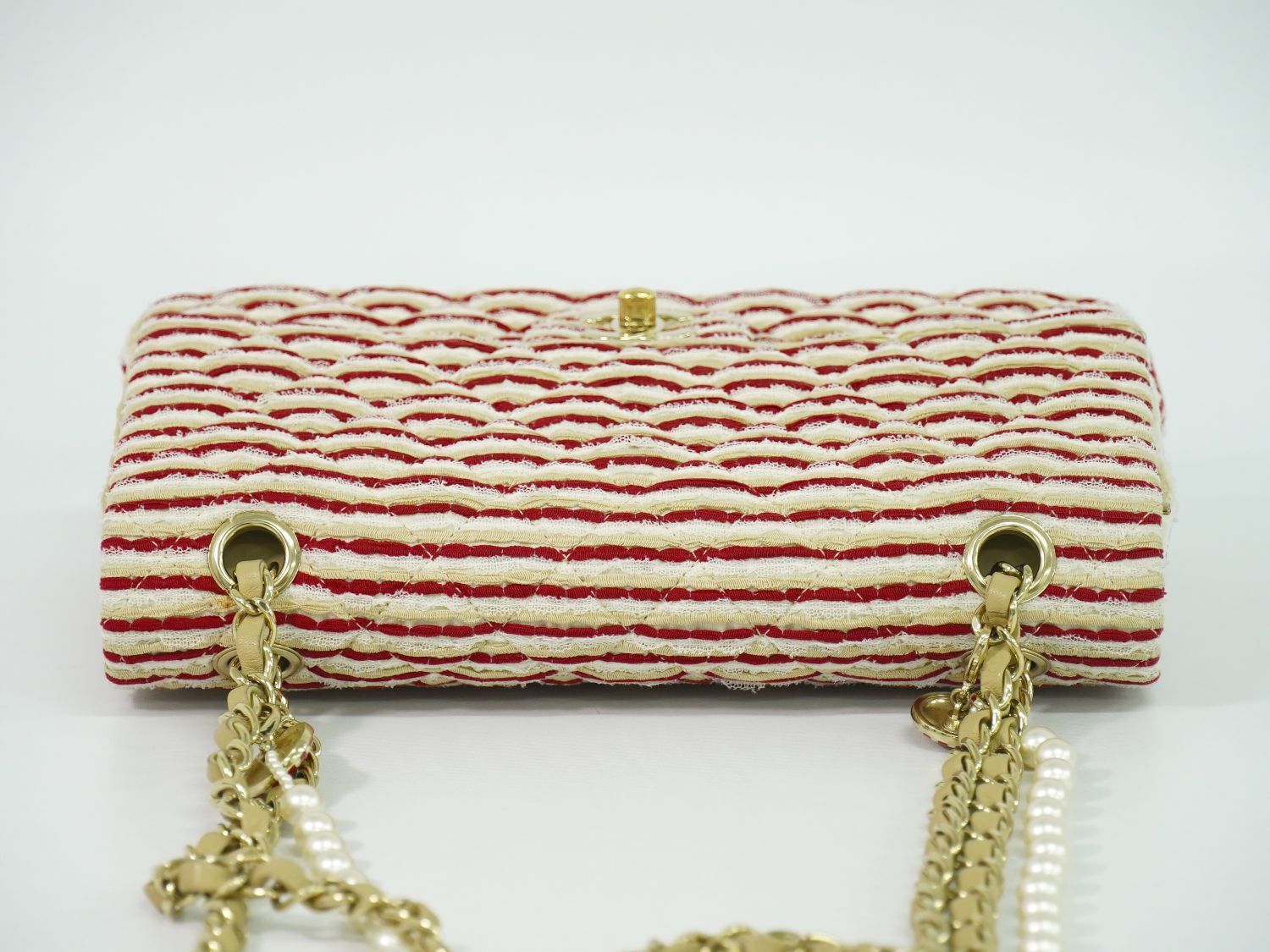 Chanel Coco Sailor Quilted Double Flap Chain Shoulder Bag Canvas Red Beige White