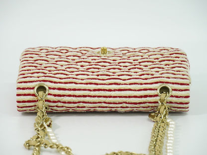 Chanel Coco Sailor Quilted Double Flap Chain Shoulder Bag Canvas Red Beige White