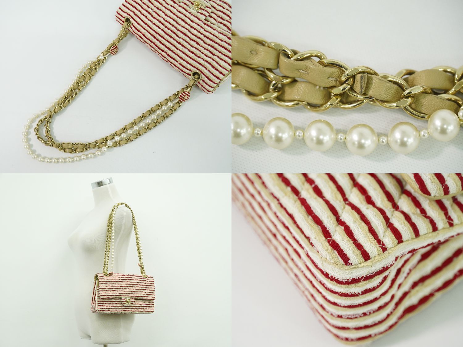 Chanel Coco Sailor Quilted Double Flap Chain Shoulder Bag Canvas Red Beige White