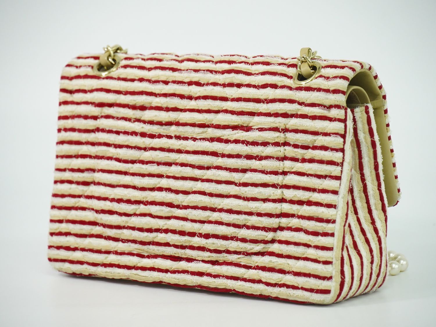 Chanel Coco Sailor Quilted Double Flap Chain Shoulder Bag Canvas Red Beige White