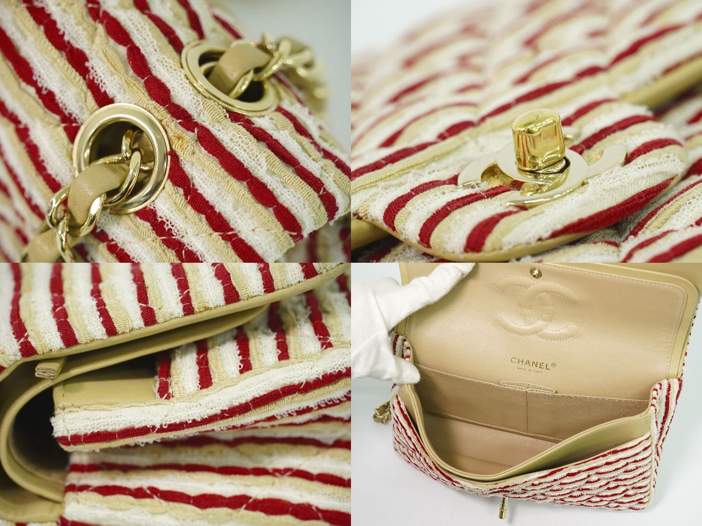 Chanel Coco Sailor Quilted Double Flap Chain Shoulder Bag Canvas Red Beige White