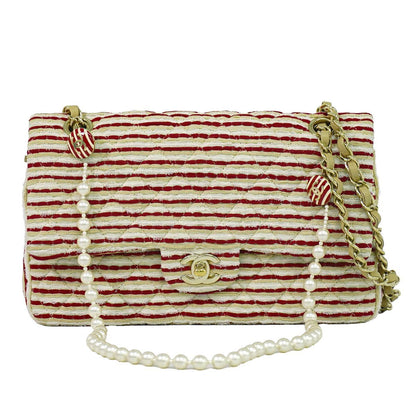 Chanel Coco Sailor Quilted Double Flap Chain Shoulder Bag Canvas Red Beige White