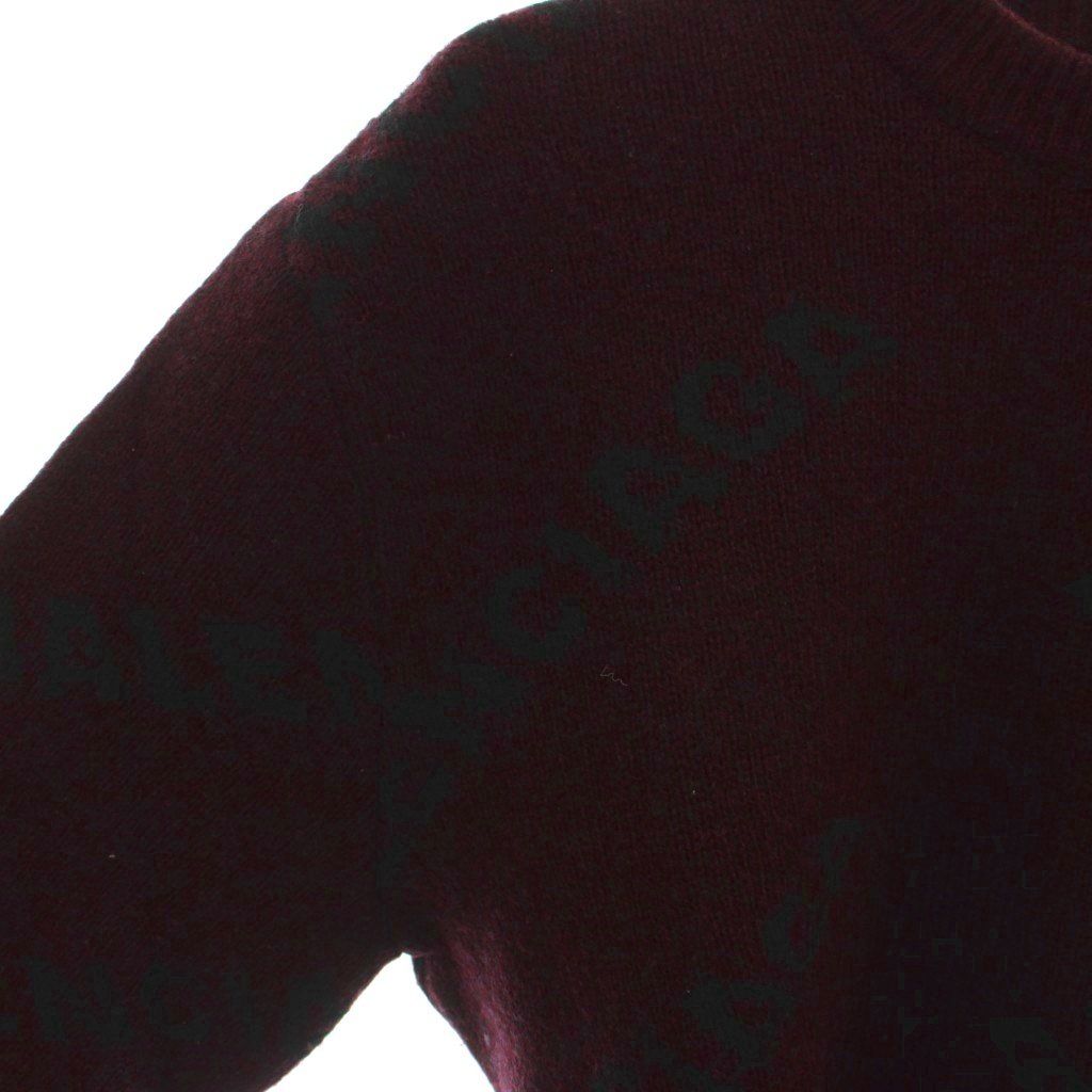 Balenciaga All Over Logo Crew Neck Knit Sweater S Burgundy Pattern GG