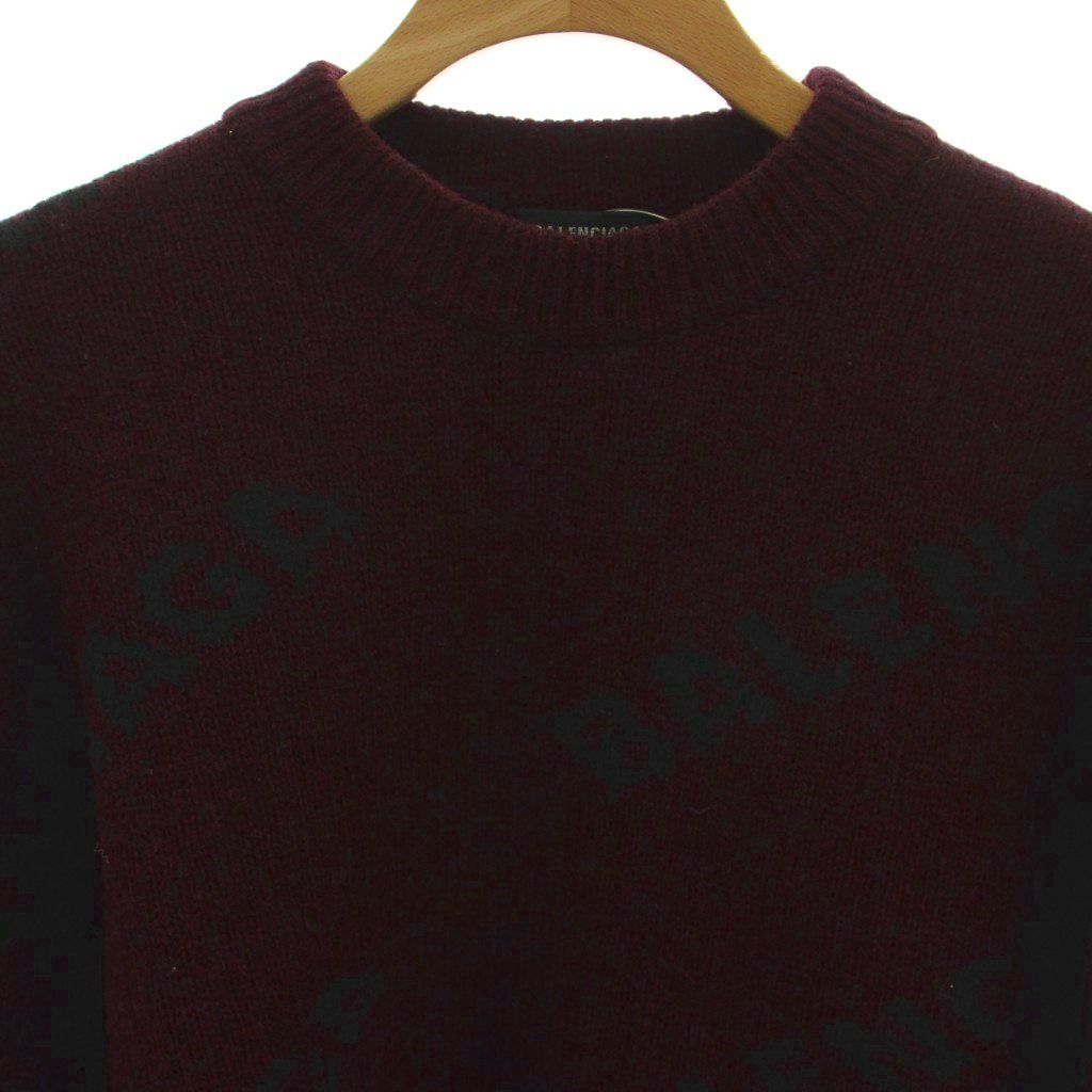 Balenciaga All Over Logo Crew Neck Knit Sweater S Burgundy Pattern GG