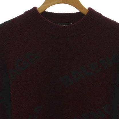 Balenciaga All Over Logo Crew Neck Knit Sweater S Burgundy Pattern GG