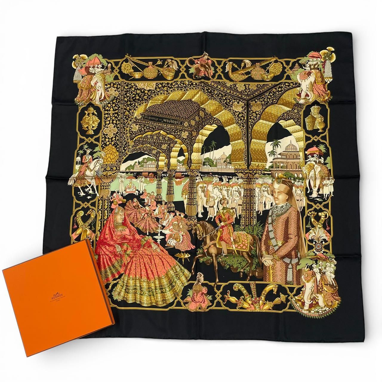 Hermes Carre 90 Silk Scarf Splendeur Des Maharajas Black