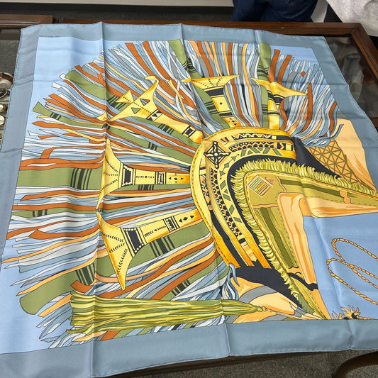 Hermes Carre 90 Blue Desert Leather Ornament Scarf