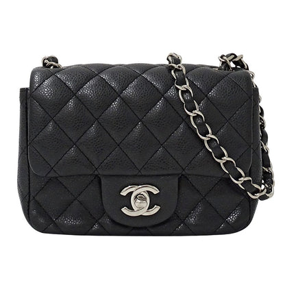 Chanel Quilted Mini Shoulder Bag Caviar Leather Black Silver Chain Bag Small