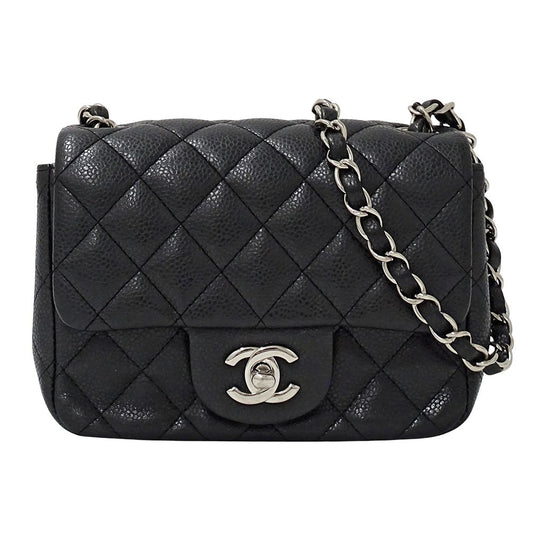 Chanel Quilted Mini Shoulder Bag Caviar Leather Black Silver Chain Bag Small