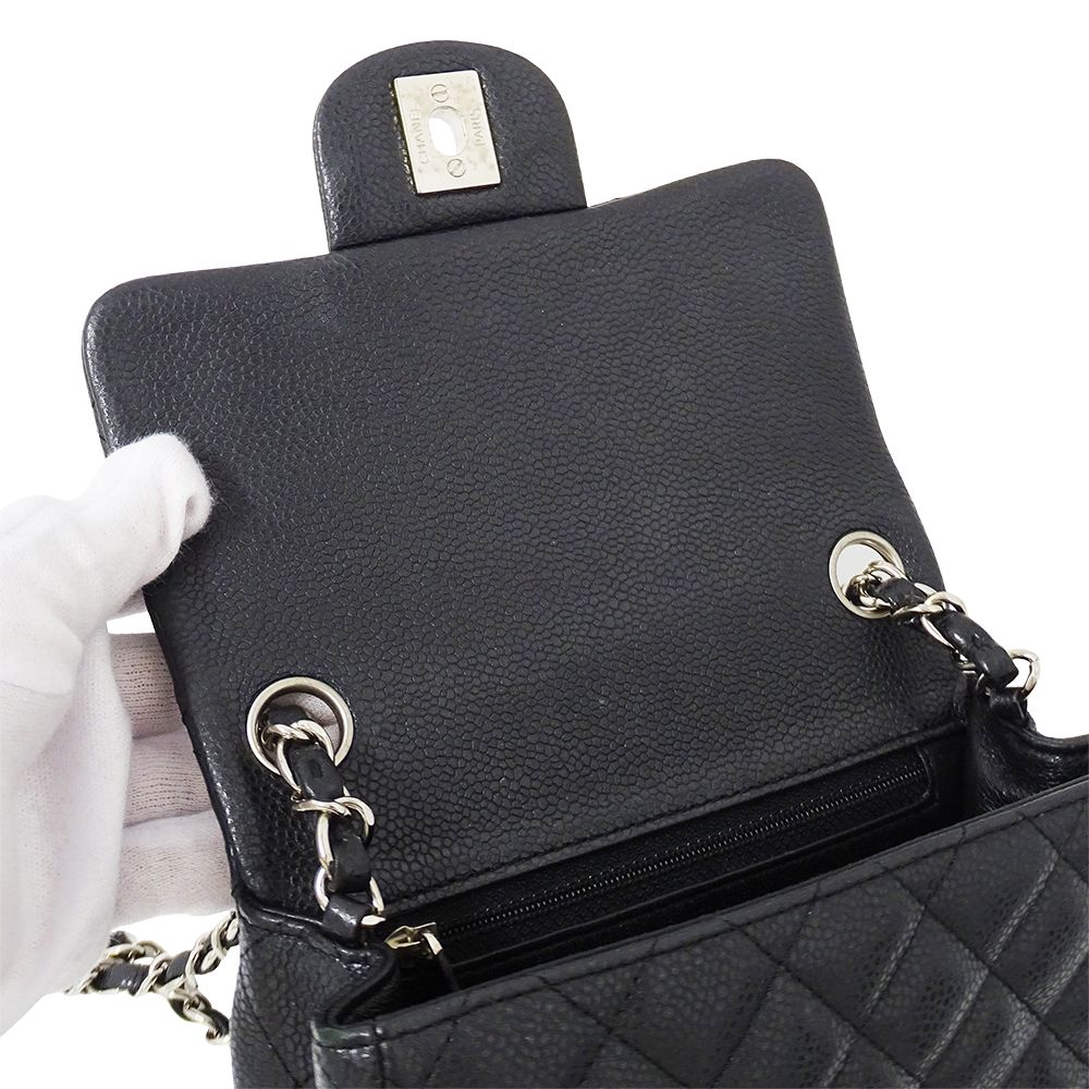 Chanel Quilted Mini Shoulder Bag Caviar Leather Black Silver Chain Bag Small