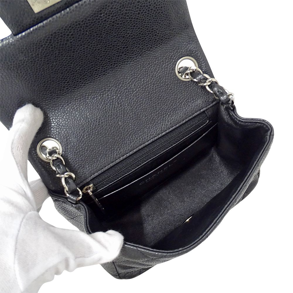 Chanel Quilted Mini Shoulder Bag Caviar Leather Black Silver Chain Bag Small
