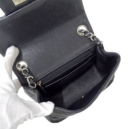 Chanel Quilted Mini Shoulder Bag Caviar Leather Black Silver Chain Bag Small