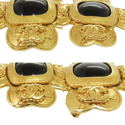 Chanel CC Logo Vintage Clover Stone Metal Gold Brooch