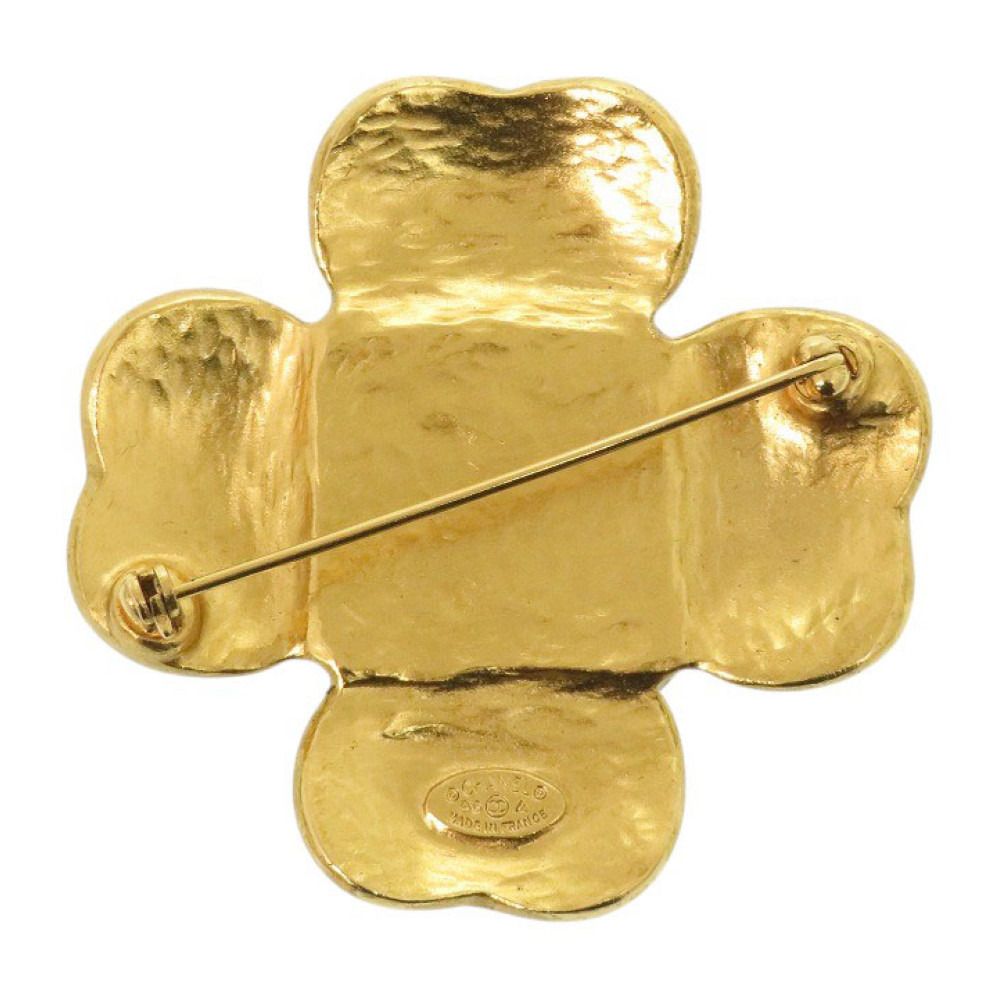 Chanel CC Logo Vintage Clover Stone Metal Gold Brooch