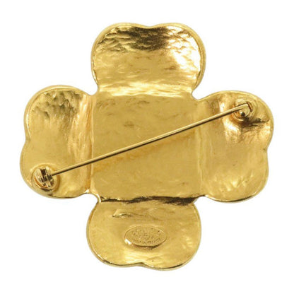 Chanel CC Logo Vintage Clover Stone Metal Gold Brooch