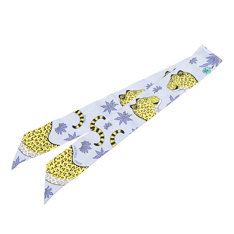 Hermes Twilly les Leopard Scarf Blue Yellow Silk