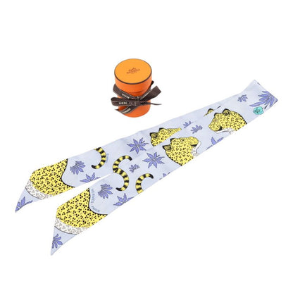 Hermes Twilly les Leopard Scarf Blue Yellow Silk