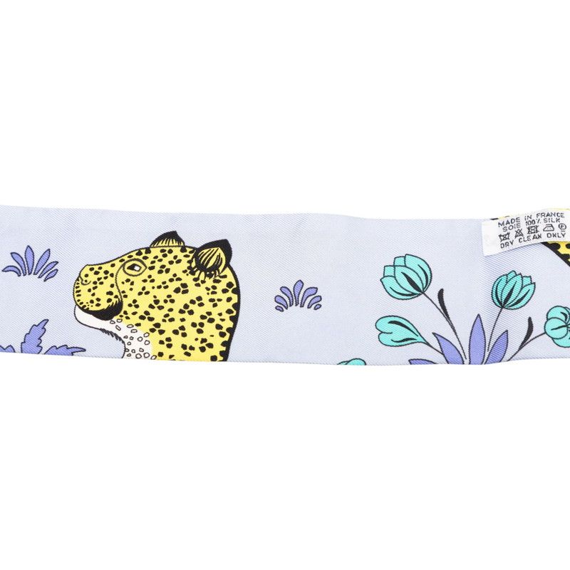 Hermes Twilly les Leopard Scarf Blue Yellow Silk