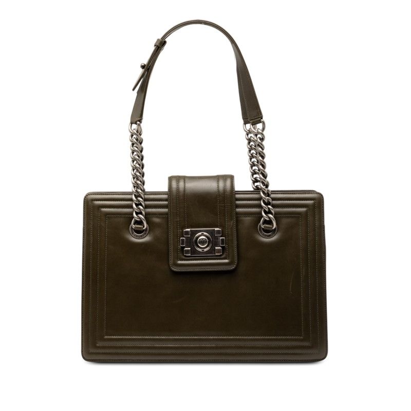 Chanel CC Logo Jetsetter Boy Chain Tote Shoulder Bag Khaki Green Lambskin