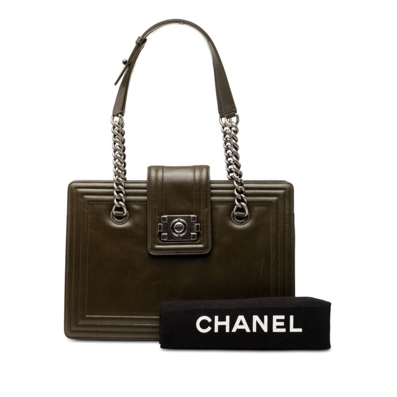 Chanel CC Logo Jetsetter Boy Chain Tote Shoulder Bag Khaki Green Lambskin