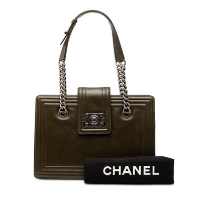 Chanel CC Logo Jetsetter Boy Chain Tote Shoulder Bag Khaki Green Lambskin