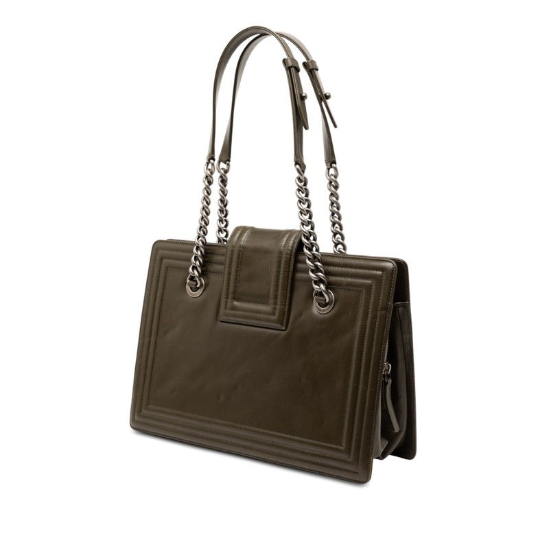 Chanel CC Logo Jetsetter Boy Chain Tote Shoulder Bag Khaki Green Lambskin