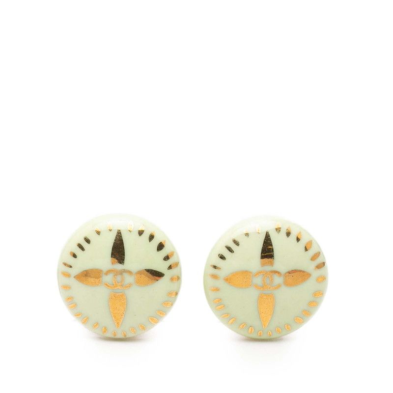 Chanel CC Logo Vintage Earrings Gold Green Plated