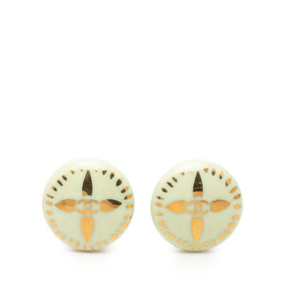 Chanel CC Logo Vintage Earrings Gold Green Plated
