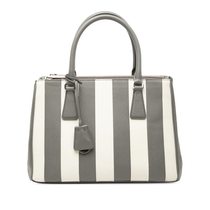 Prada Galleria Stripe Handbag Gray White Saffiano Leather