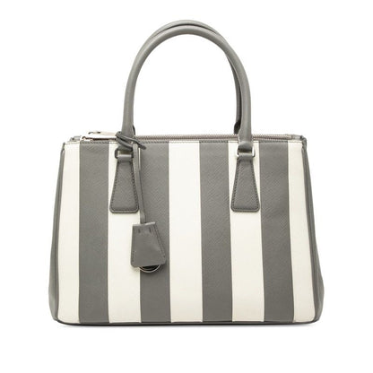Prada Galleria Stripe Handbag Gray White Saffiano Leather