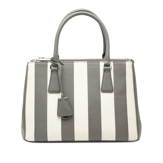 Prada Galleria Stripe Handbag Gray White Saffiano Leather