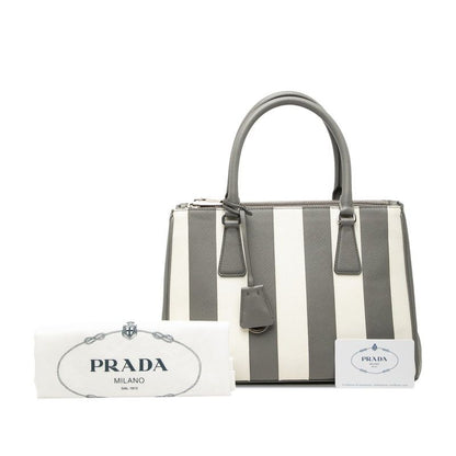 Prada Galleria Stripe Handbag Gray White Saffiano Leather