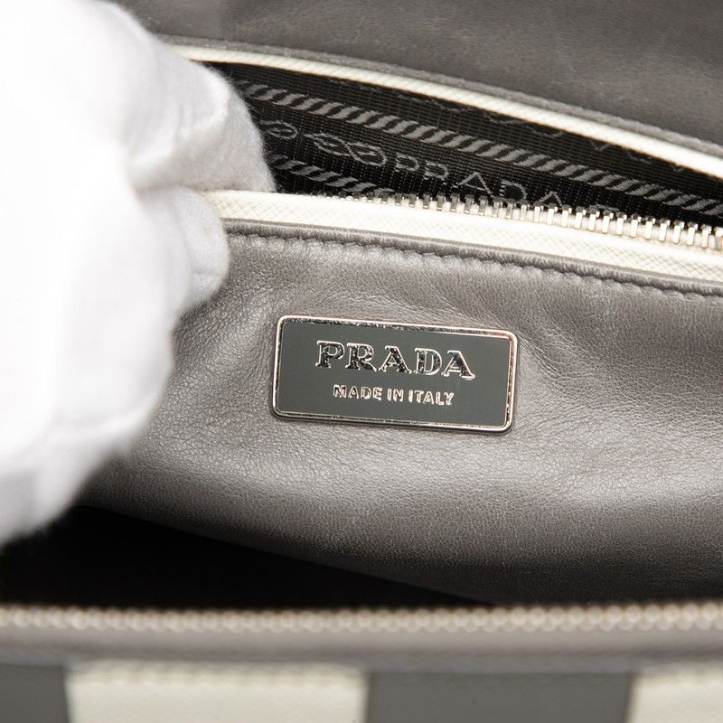Prada Galleria Stripe Handbag Gray White Saffiano Leather