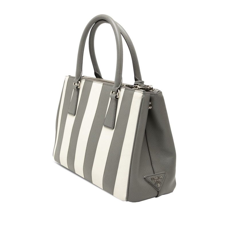 Prada Galleria Stripe Handbag Gray White Saffiano Leather