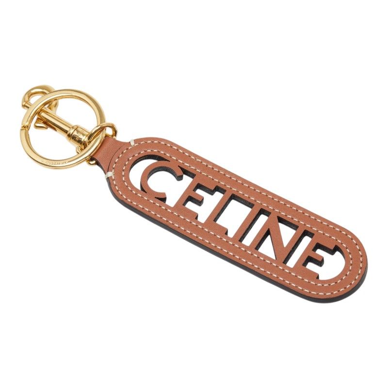 Celine Perforated Key Ring Key Holder Charm Brown Gold Smooth Scarf Skin