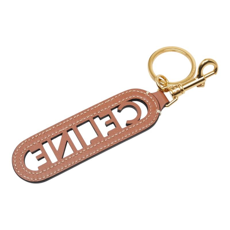 Celine Perforated Key Ring Key Holder Charm Brown Gold Smooth Scarf Skin