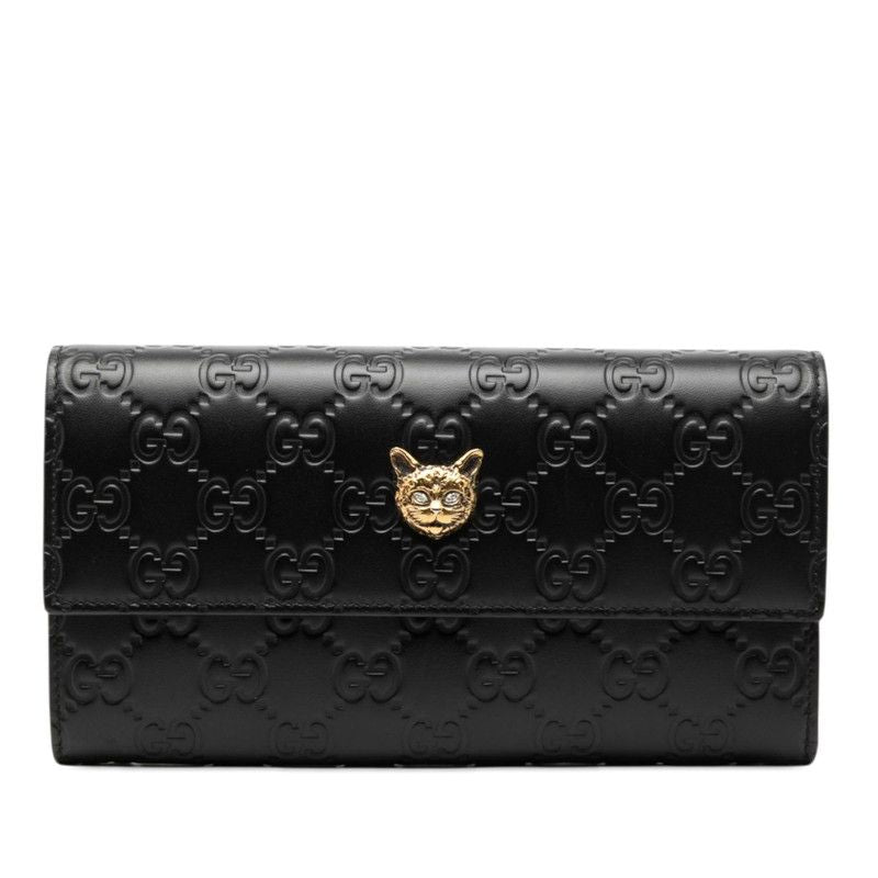 Gucci Guccissima Linea Cat GG Logo Wallet Bifold Black Leather