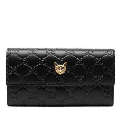 Gucci Guccissima Linea Cat GG Logo Wallet Bifold Black Leather