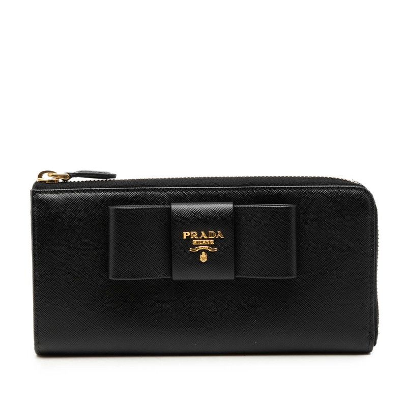 Prada Logo Ribbon L-shaped Zipper Wallet Nero Black Saffiano Leather