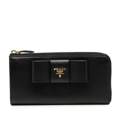 Prada Logo Ribbon L-shaped Zipper Wallet Nero Black Saffiano Leather
