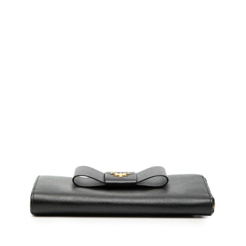 Prada Logo Ribbon L-shaped Zipper Wallet Nero Black Saffiano Leather